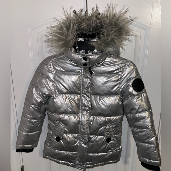 Diesel Girls Hooded Puffer Parka Jacket Removable Faux Fur Trim Silver* - Picture 10 of 12